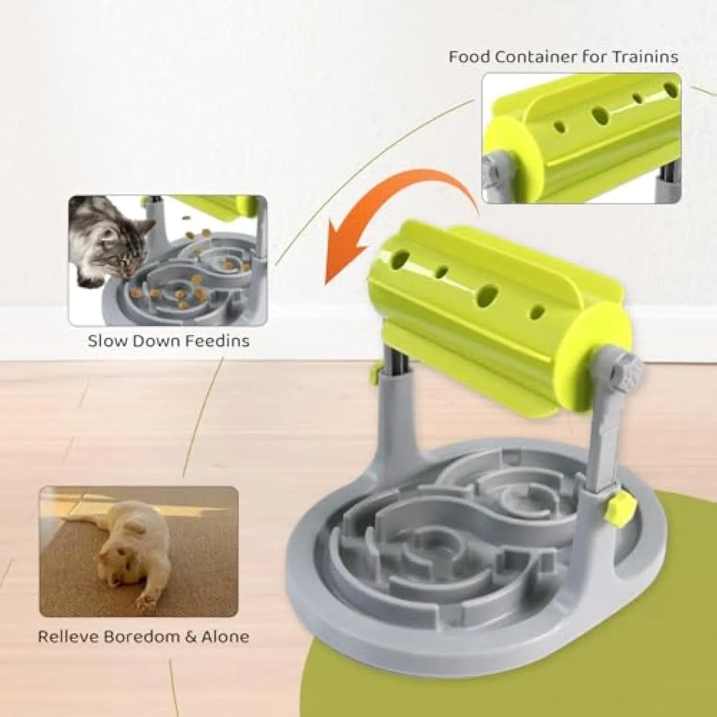Interactive pet food puzzle toy with adjustable height in blue, green, and pink colours