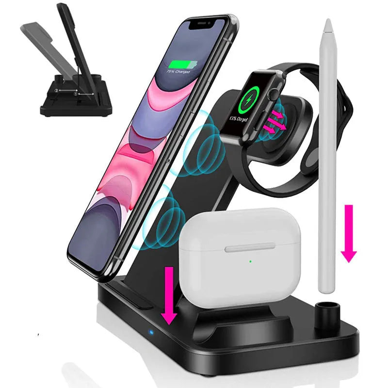 15W folding 4-in-1 wireless charger for Apple iPhone and Apple Pencil in space grey colour
