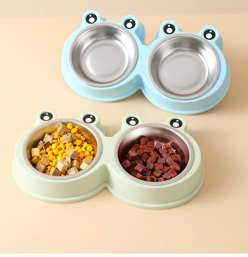 Blue frog-shaped stainless steel double pet bowl for food and water, shown in large size.