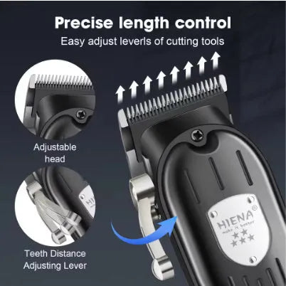 Black USB-powered hair clipper set with LED display and aluminium foil shaver attachment