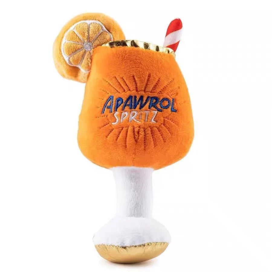Yellow beer bottle squeaky dog chew toy with plush construction measuring 7cm
