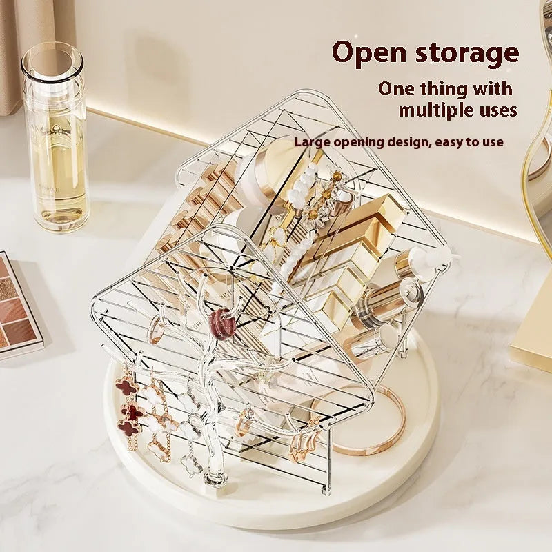 Rotating cosmetics storage box in amber gold colour on a bathroom countertop
