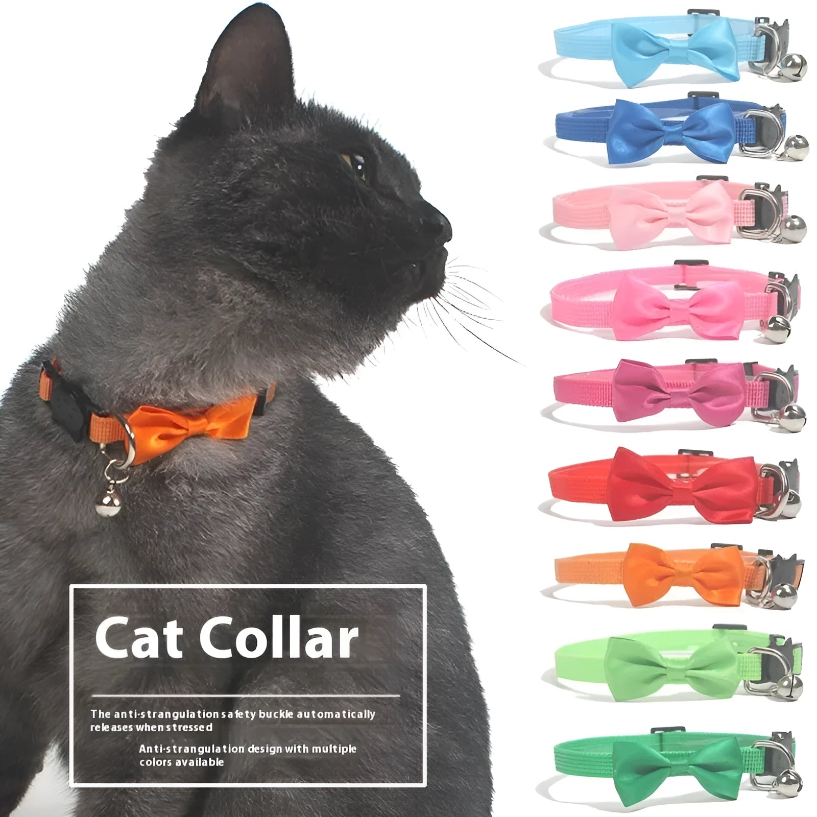 Adjustable nylon cat collar with decorative bow and bell in multiple colour options