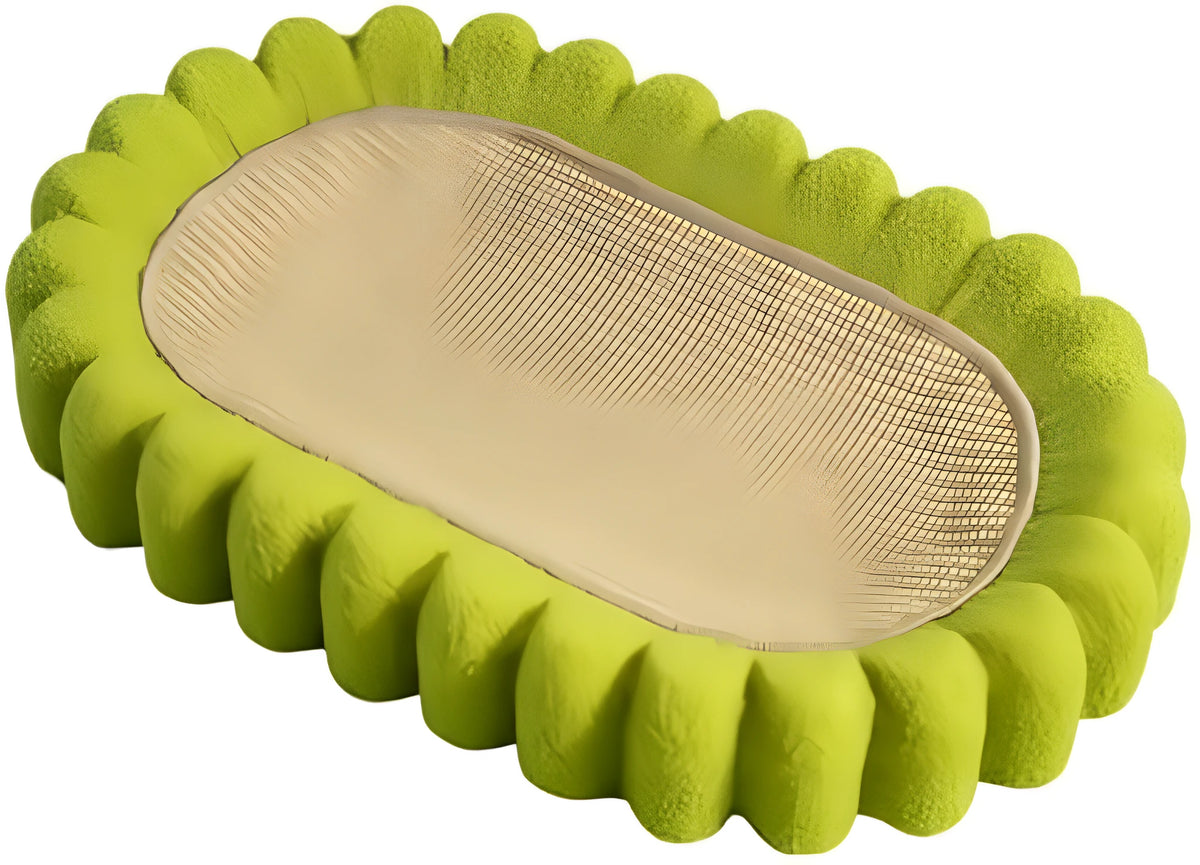 Green oval cat scratcher bed with sisal surface, showing bowl shape for scratching and sleeping