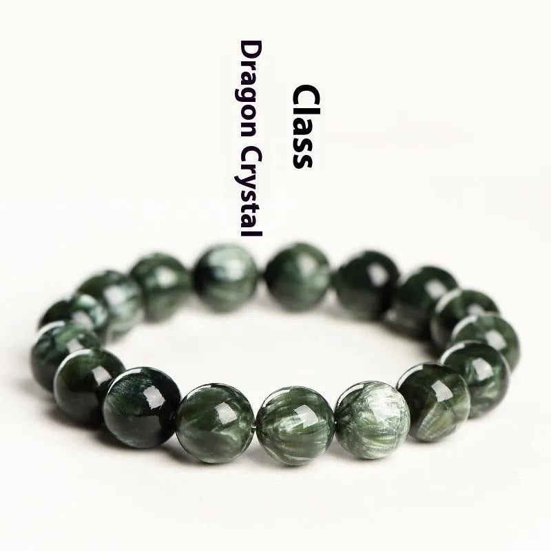 Natural Green Dragon Crystal bracelet with 8-9mm round beads and Ruyi geometric design elements