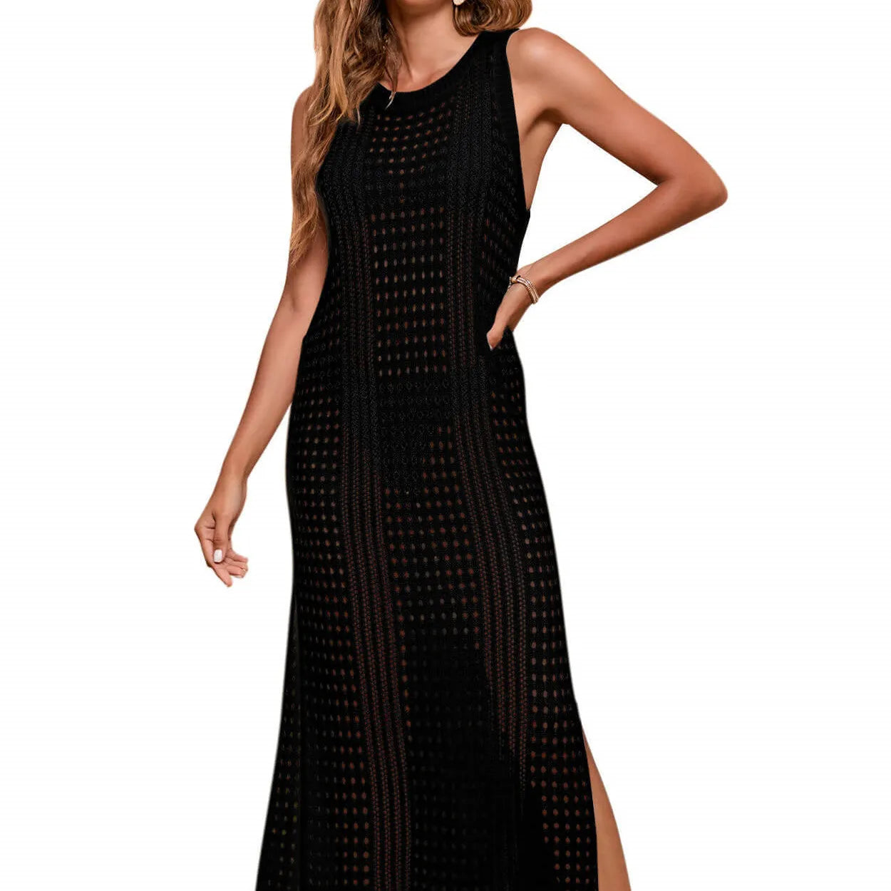 Women's long loose beach blouse in a hollow-out cotton blend knit, shown in a solid colour.