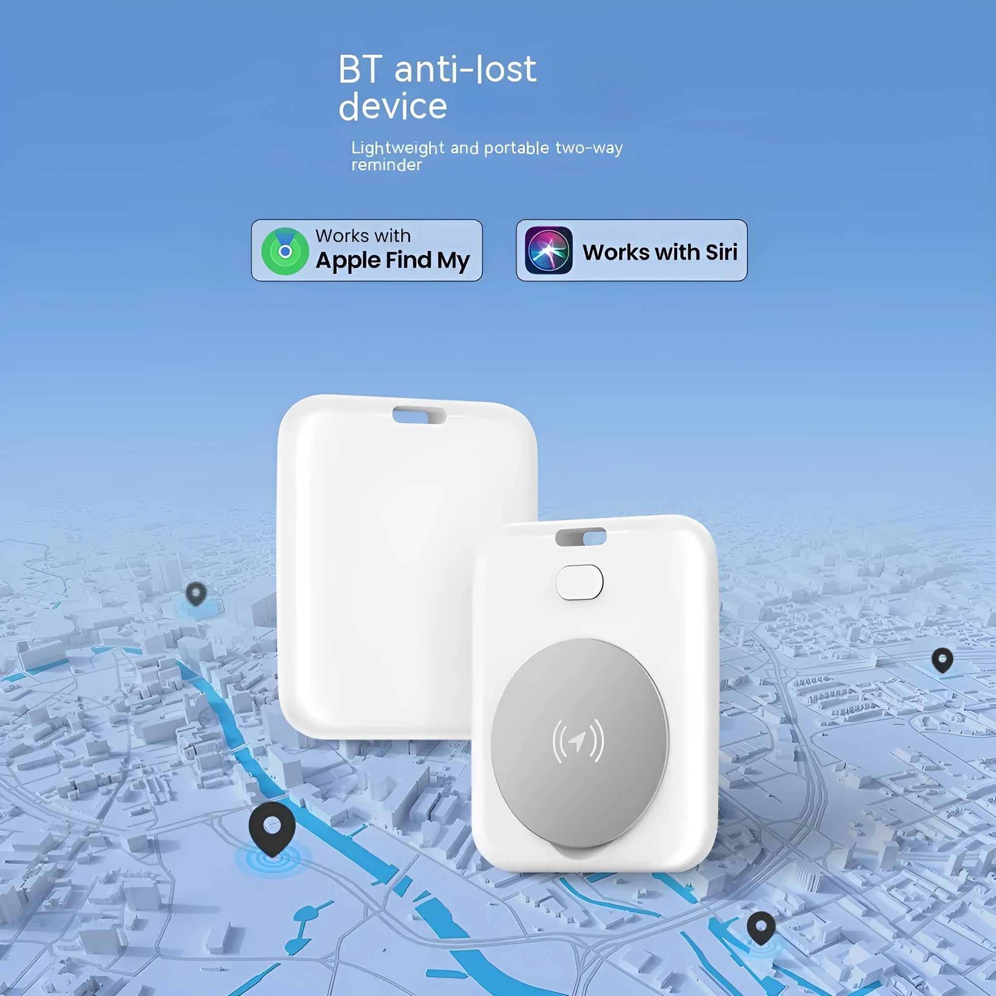 White smart anti-lost pet locator for Apple devices with tracking and alarm features