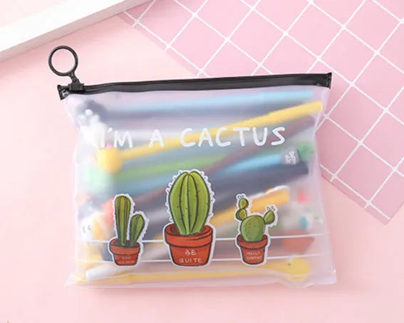 Open plastic case showing twenty 0.5mm black gel pens with cartoon cactus designs for boys and girls.