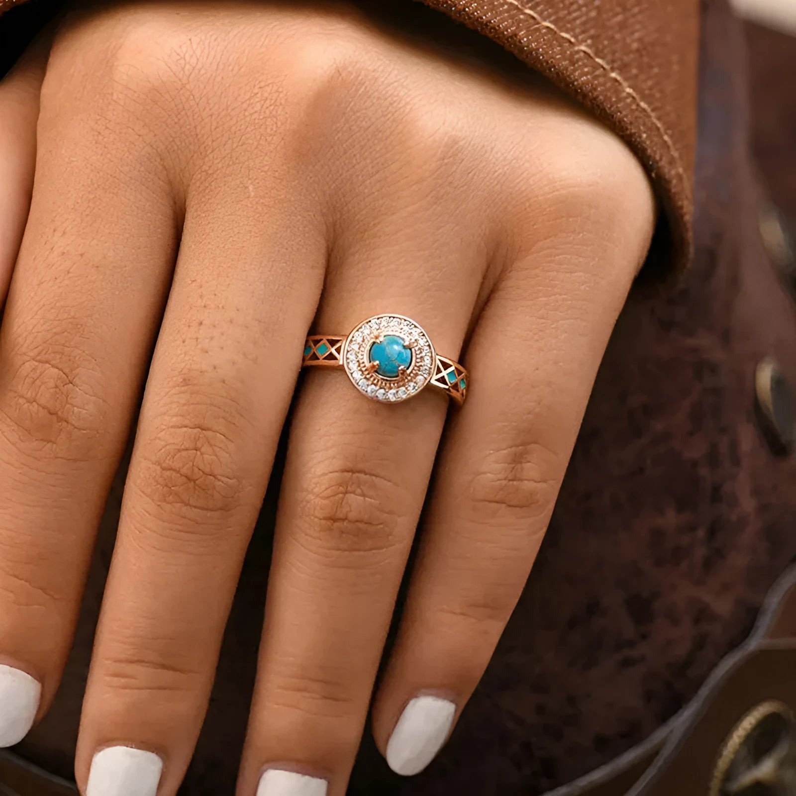 Women's turquoise zircon ethnic ring with geometric design in rose gold copper