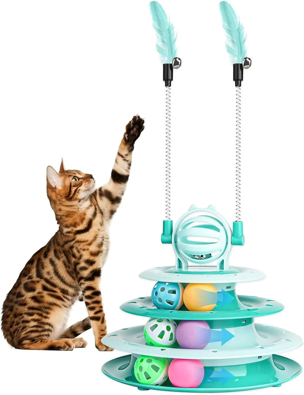 Blue 4-tier interactive cat toy with balls and teasing rods on a non-slip base.