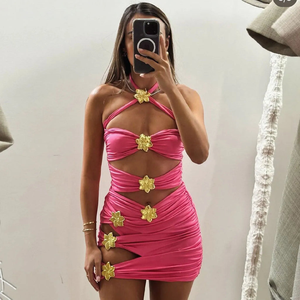 Women's solid colour one-piece swimsuit with a matching removable short skirt in a high-waisted design.