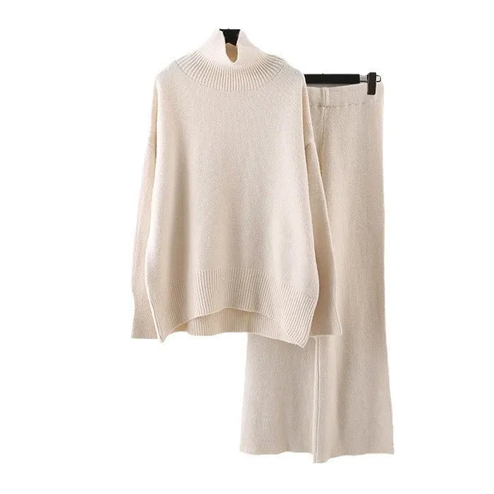 Women's beige acrylic fibre sweater and wide-leg pants two-piece casual set