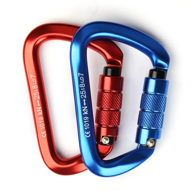 Silver red D-ring screwgate climbing carabiner with automatic locking mechanism