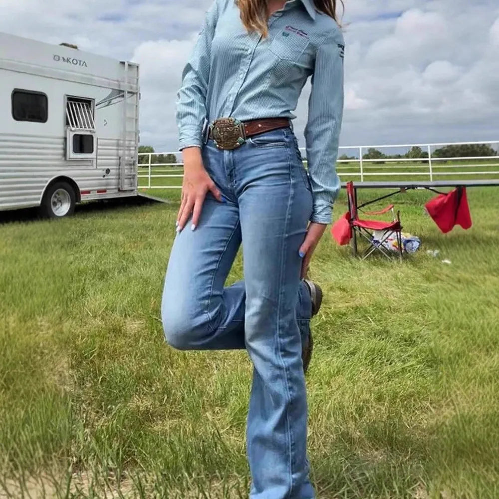 Slim fit mid-waist jeans with slight flare and embroidery detailing in blue, red, or white colour options