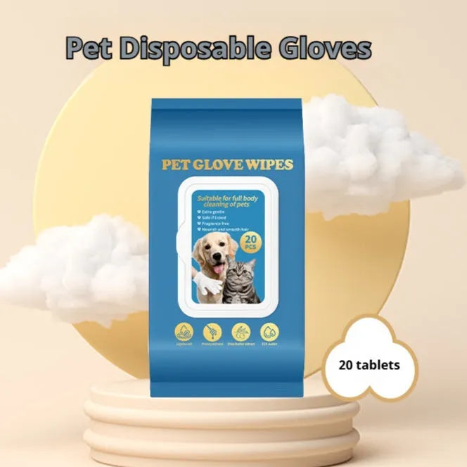 Pack of disposable plastic gloves for pet bathing and cleaning tasks.
