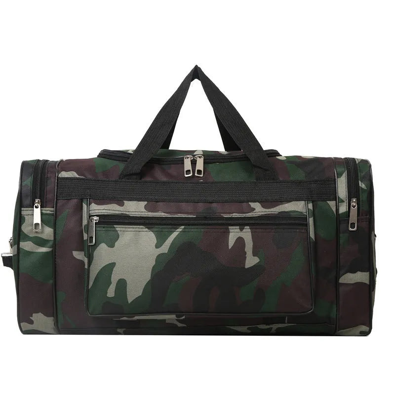 Green camouflage waterproof fabric luggage bag with striped interior lining.