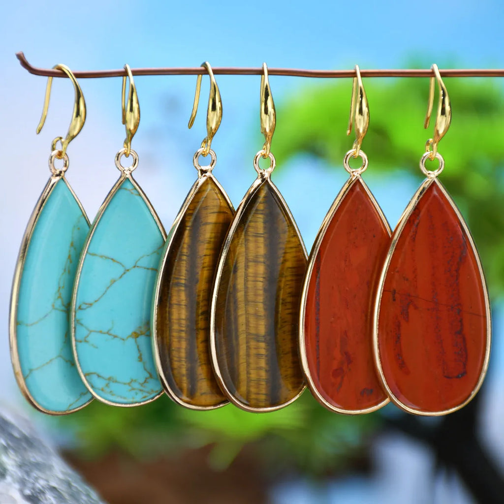 Vintage stone drop earrings with Tigereye stone and textured water droplet design