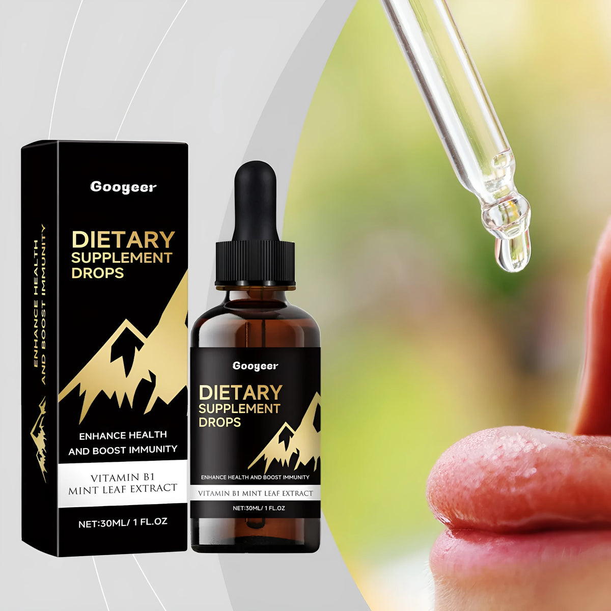 30ml bottle of vegan vitamin D dietary supplement drops with a built-in dropper.