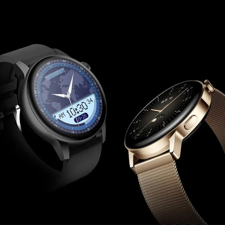 Smartwatch with a round colour screen and stainless steel case, shown in black, pink, and silver colour options.