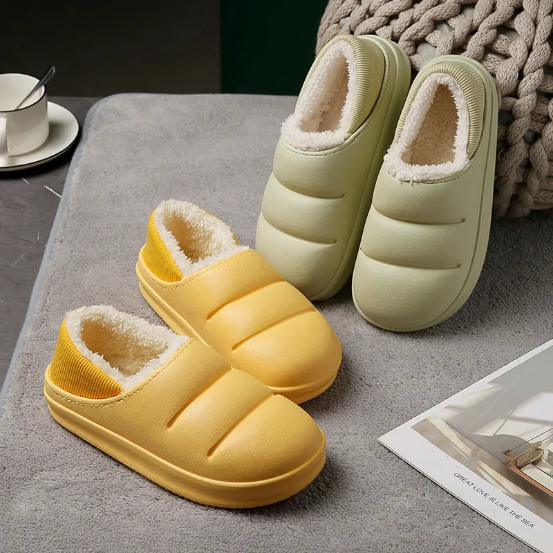 Waterproof EVA garden slippers in green with a plush lining and non-slip sole.