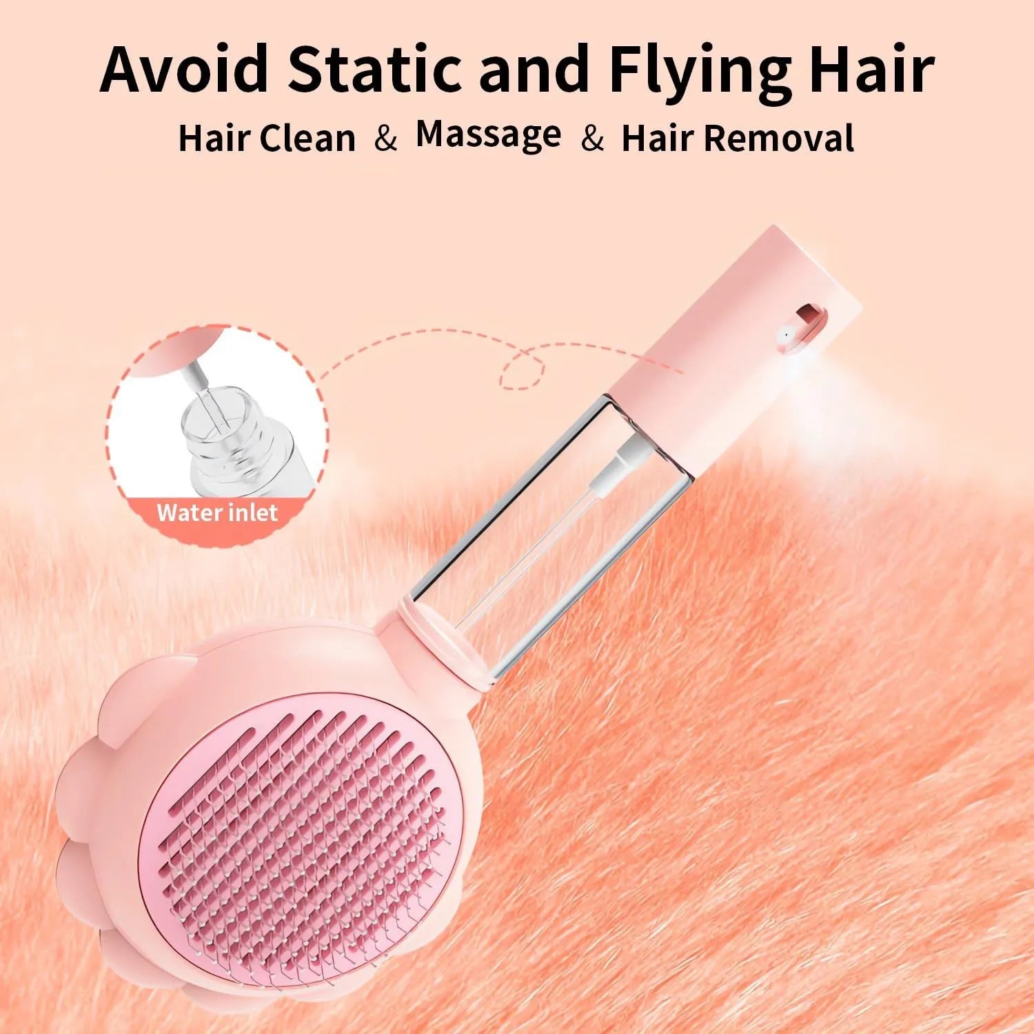 Grey spray grooming brush for cats with a self-cleaning button and curved stainless steel bristles.