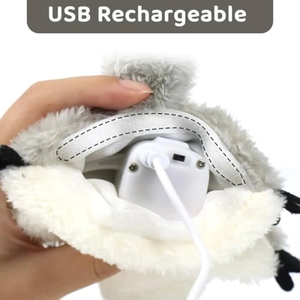 Grey flapping squirrel cat toy with USB charging cable on floor