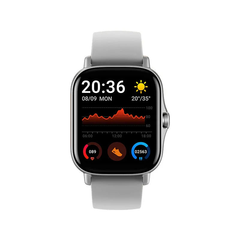 GT20 smart Bluetooth fitness watch with 1.75-inch touchscreen displaying heart rate monitor interface