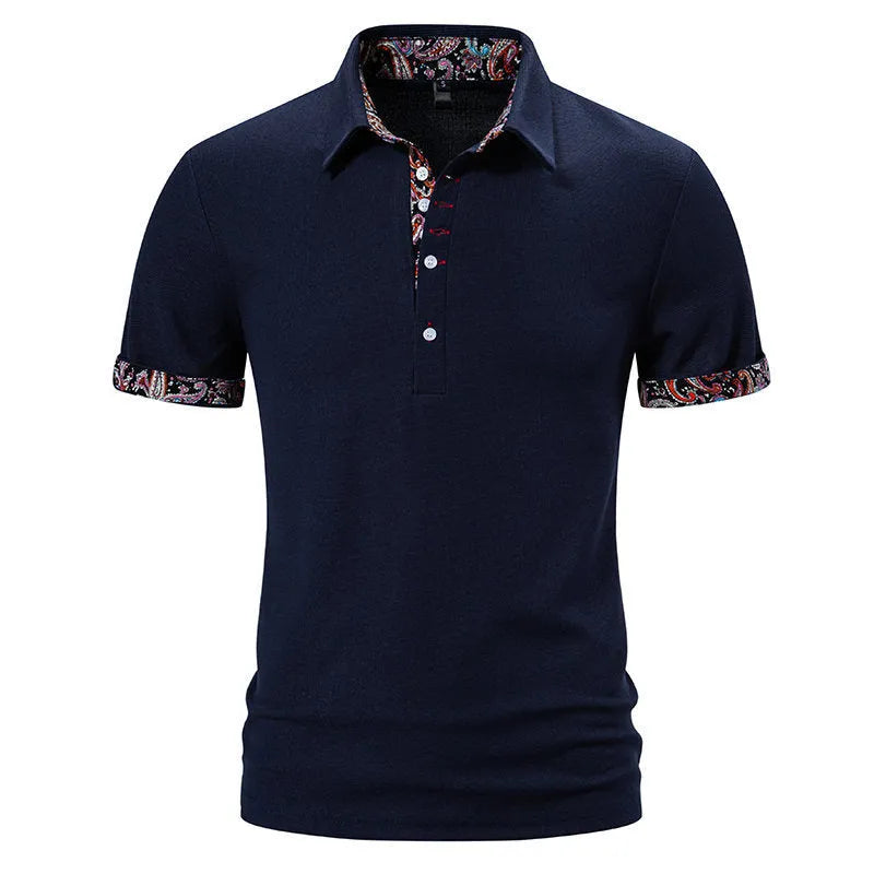 Men's short sleeve polo shirt in a cotton blend fabric, showing turnover collar and colour stitching detail.