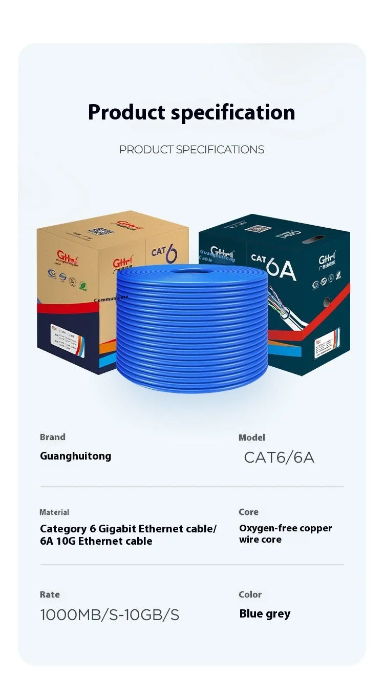 Blue and grey 305 metre reels of Cat6A oxygen-free copper network cable for 10G Ethernet installations.