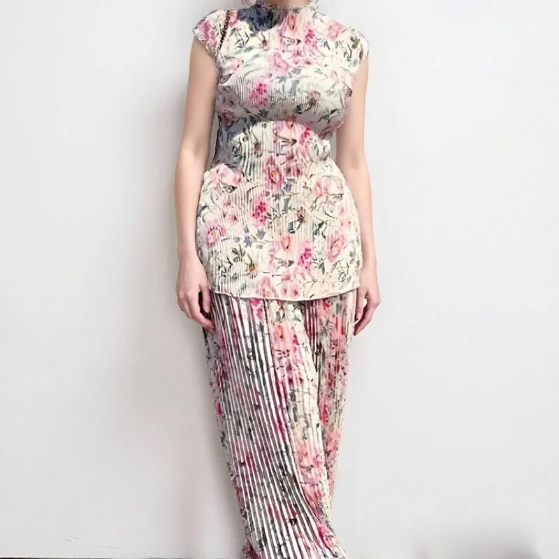 Women's printed chiffon two-piece dress set with long sleeves and high waist design