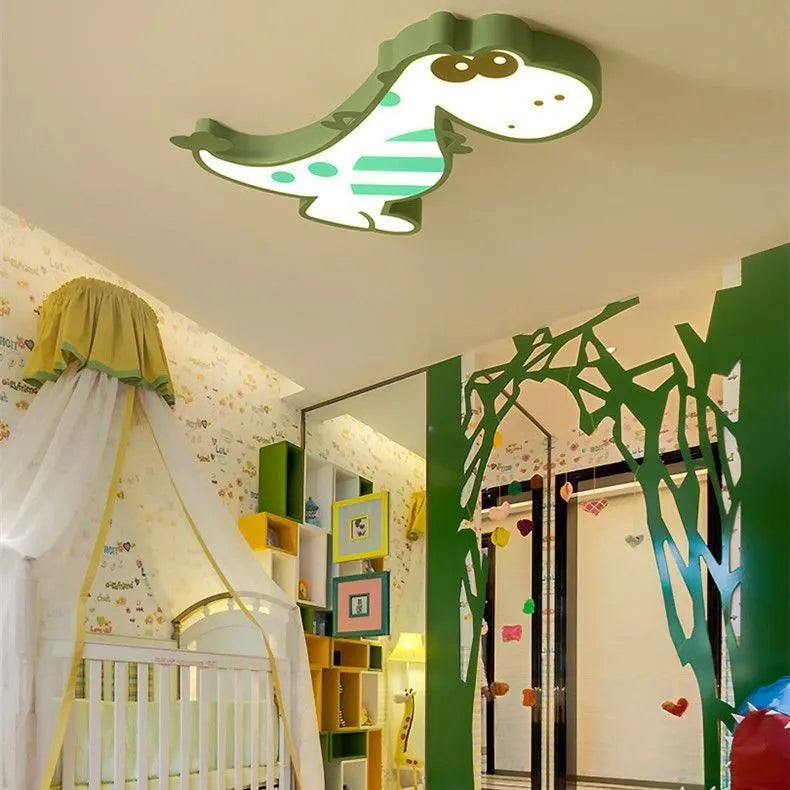 Cartoon dinosaur themed ceiling light with 48cm diameter PVC shade and aluminium body