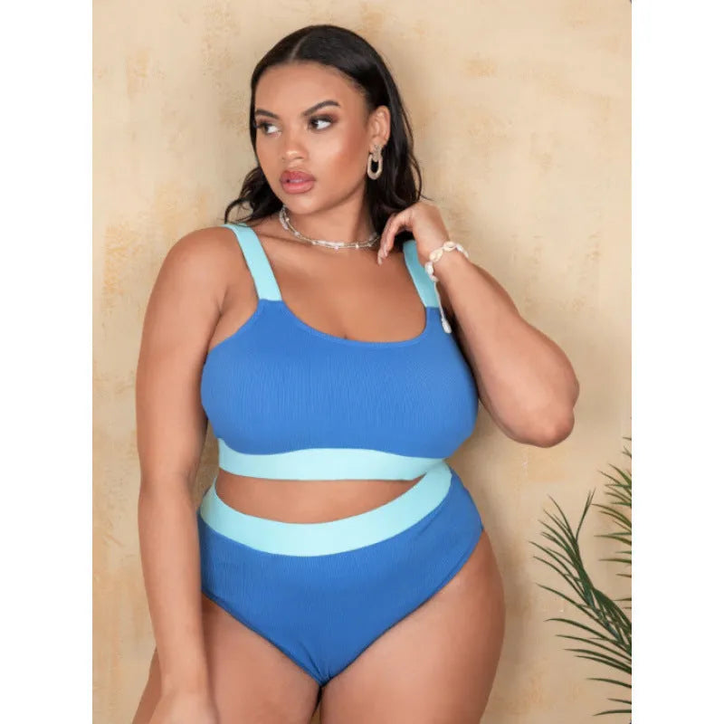 Women's solid colour bikini set with high-waist briefs and a split-leg swimsuit top.