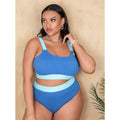 Women's solid colour bikini set with high-waist briefs and a split-leg swimsuit top.