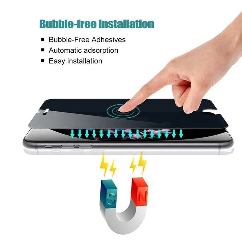 Black anti-peeping tempered glass screen protector for iPhone showing privacy filter effect