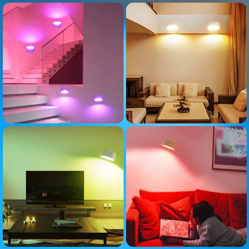 Remote-controlled circular magnetic wall lamp with white plastic shell and colour-changing LEDs