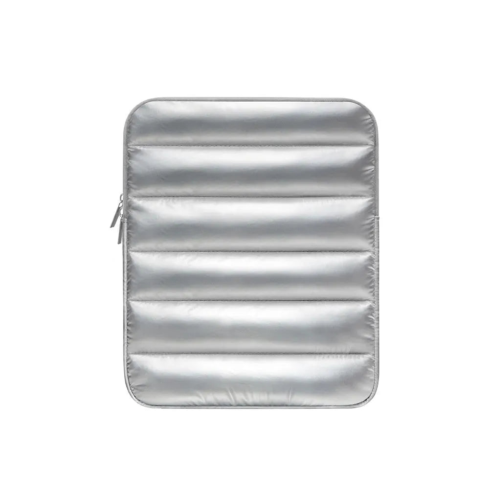 Black puff bag laptop sleeve with fluffy air cushioning for a 9.7 to 11 inch device, shown with elastic sides.