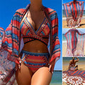 Women's three-piece swimsuit set showing high-waisted briefs, sleeveless cutout blouse, and matching coat.
