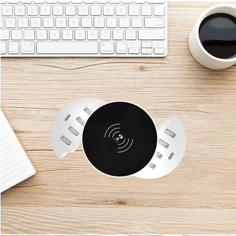 Ceramic white multi-port wireless circular smart phone charger with international adapters