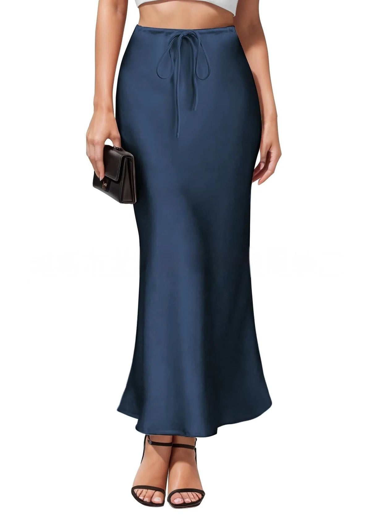 Asymmetric satin skirt with high waist and irregular stitching detail in six colour options