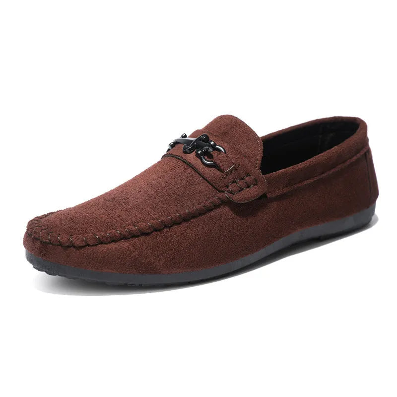 Men's black slip-on loafers with round toe and low heel on a white background