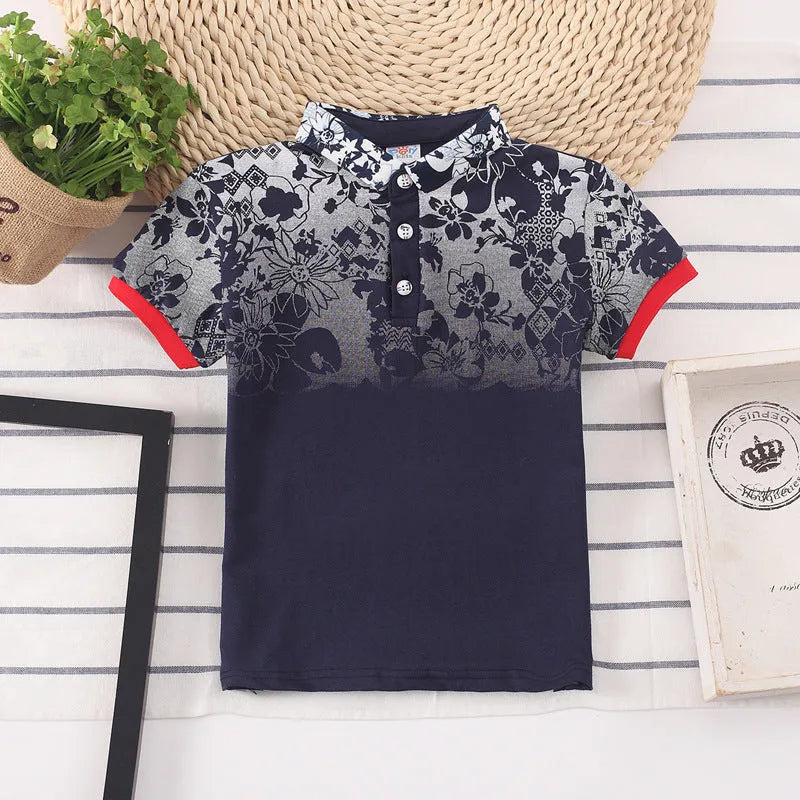 Boys short sleeve cotton shirt with lapel collar in solid colours grey red navy white.