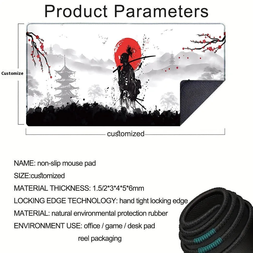 Japanese Samurai design gaming mouse pad on a desk, showing non-slip rubber base and cloth surface.
