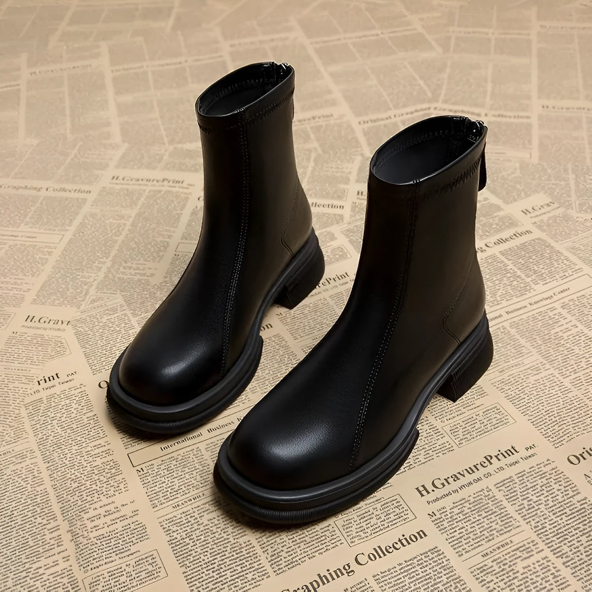 Women's thick heel flat ankle boots with back zip in black or brown colours