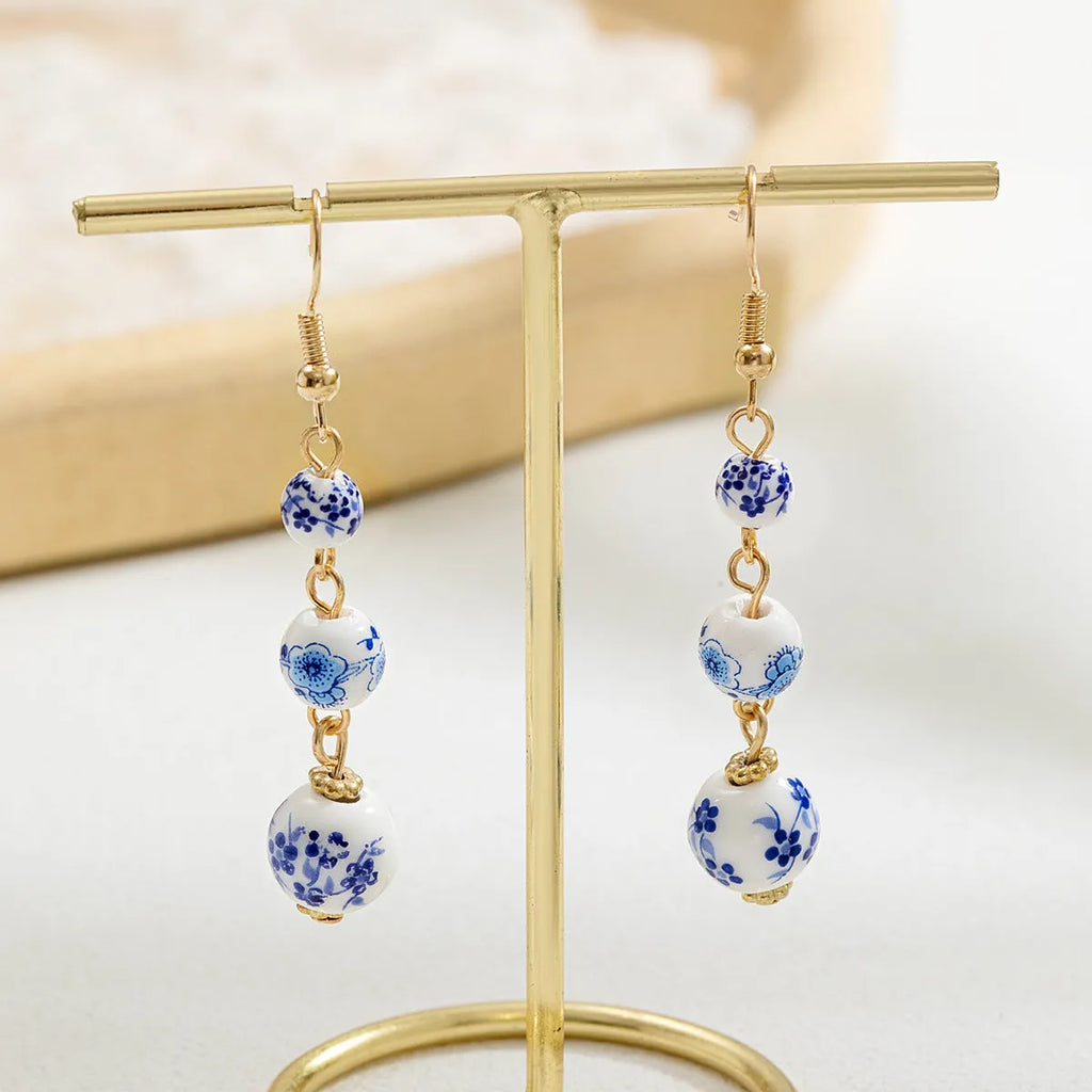 Blue and white porcelain ceramic bead retro earrings with geometric Chinese style design