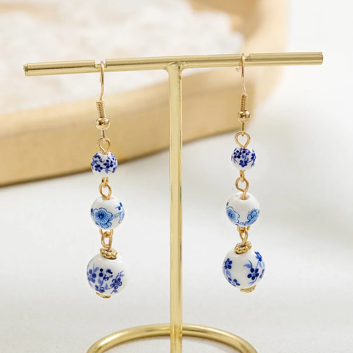Blue and white porcelain ceramic bead retro earrings with geometric Chinese style design