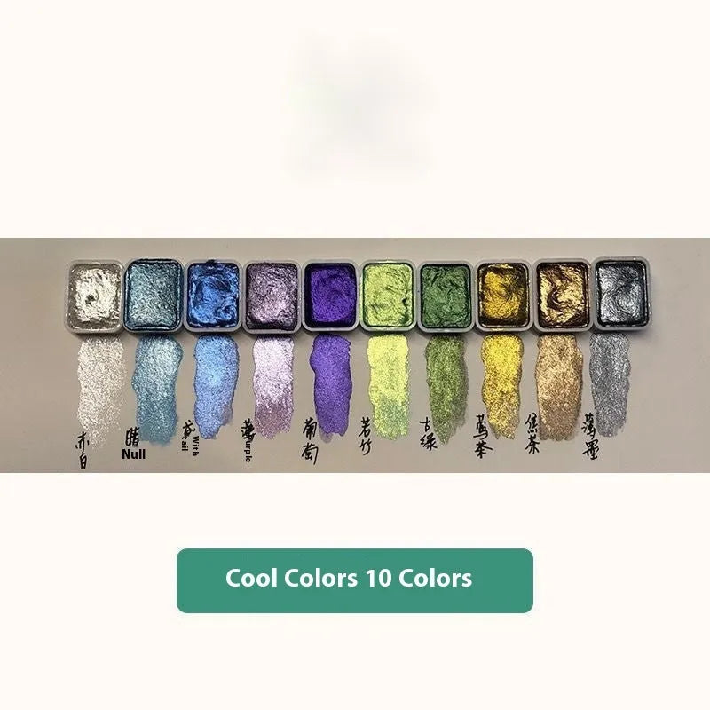 Traditional Chinese painting watercolour set showing 46 mineral pearlescent pigment tubes including red and white gold 5ml containers