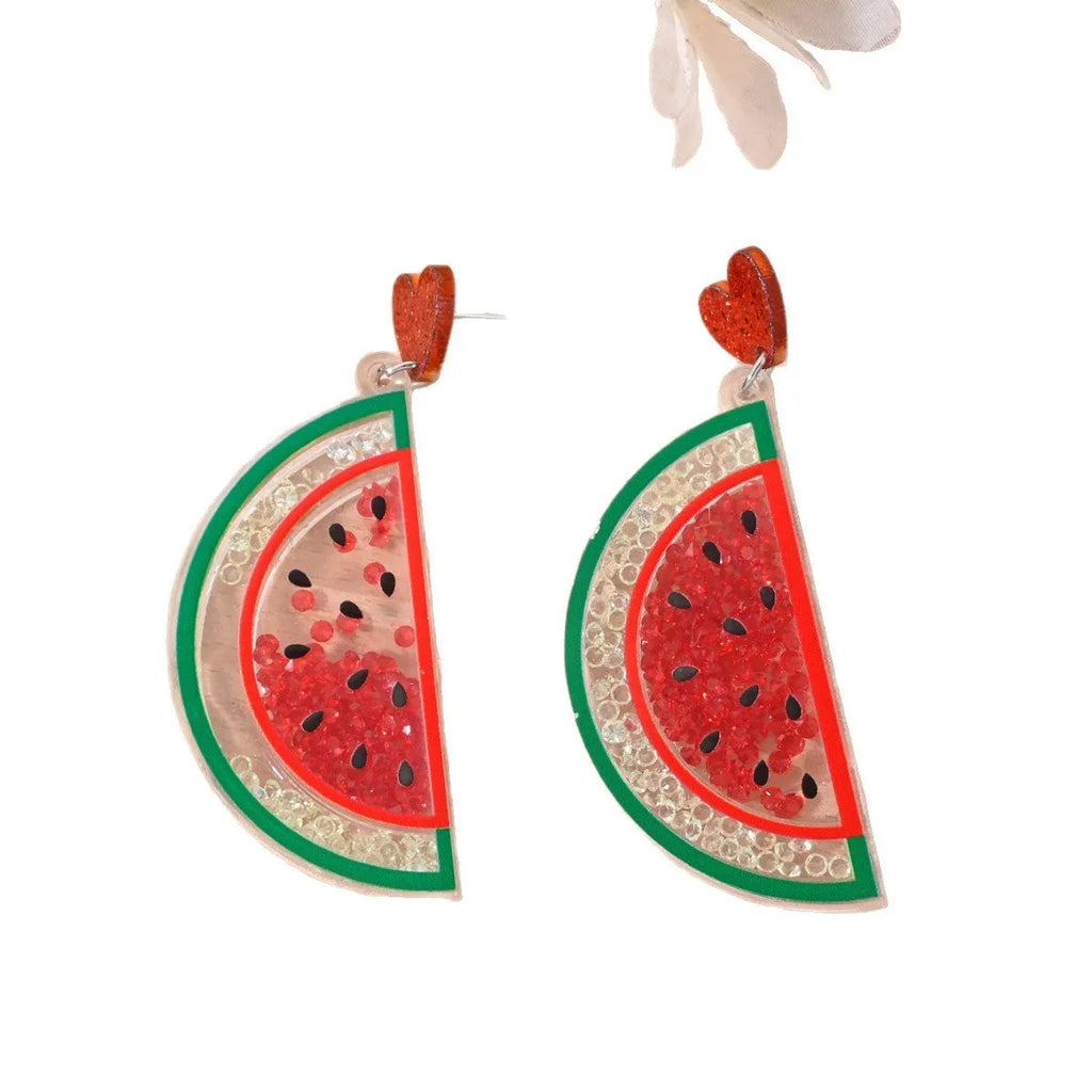 Acrylic women's earrings with fruit, cake, and ice cream designs in pastoral style.