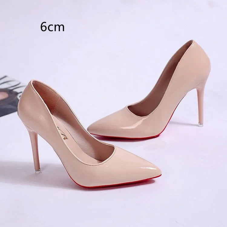 Women's solid colour stiletto heel pumps with pointed toe and shallow cutout design