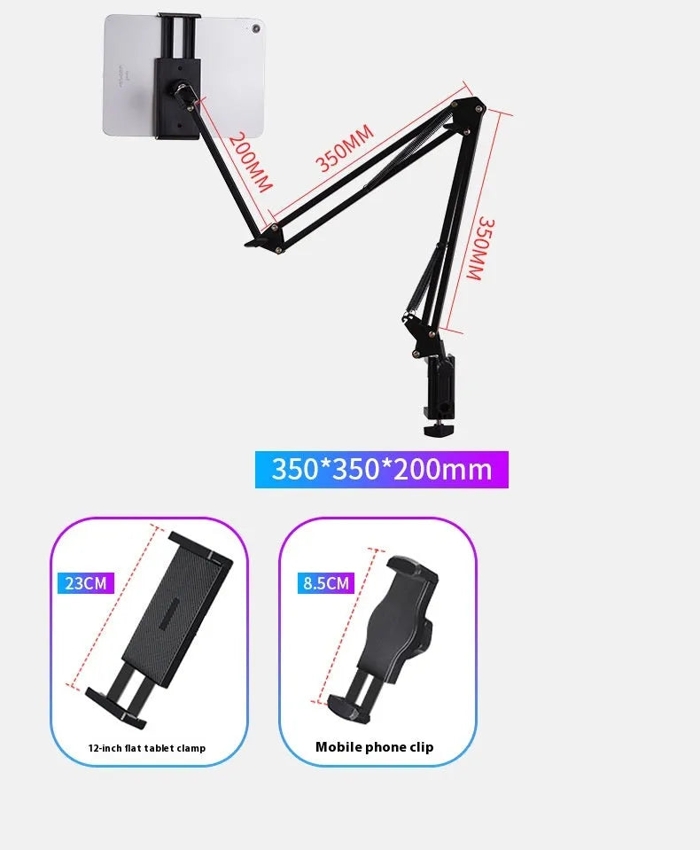 Black foldable metal tablet cantilever bracket with adjustable arm and clamp