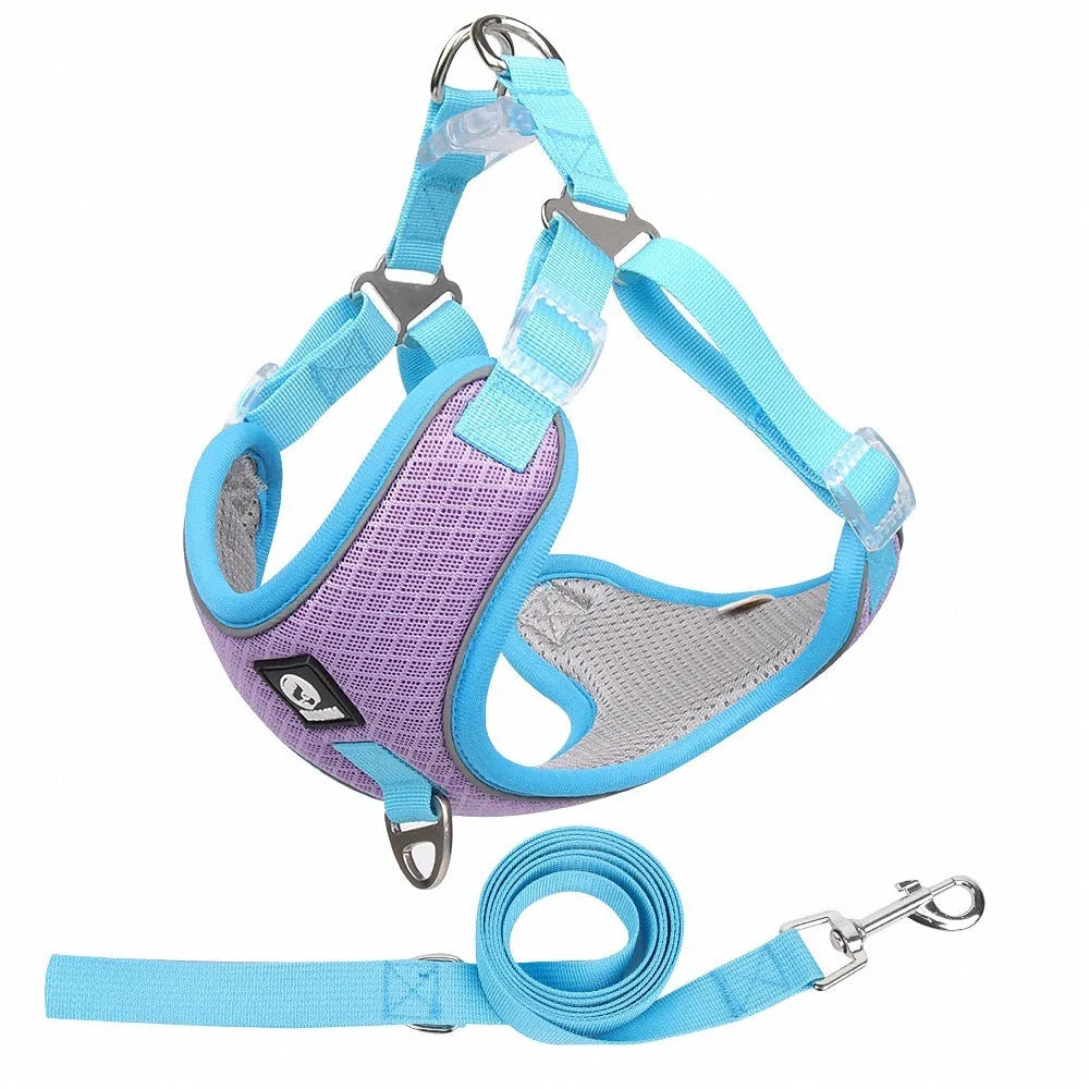 Adjustable mesh dog harness with reflective strips in black, red, grey, or light purple